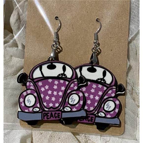 New Handmade Purple Peace Volkswagon Love Bug MDF Wood Dangle Earrings Stars - Picture 1 of 2
